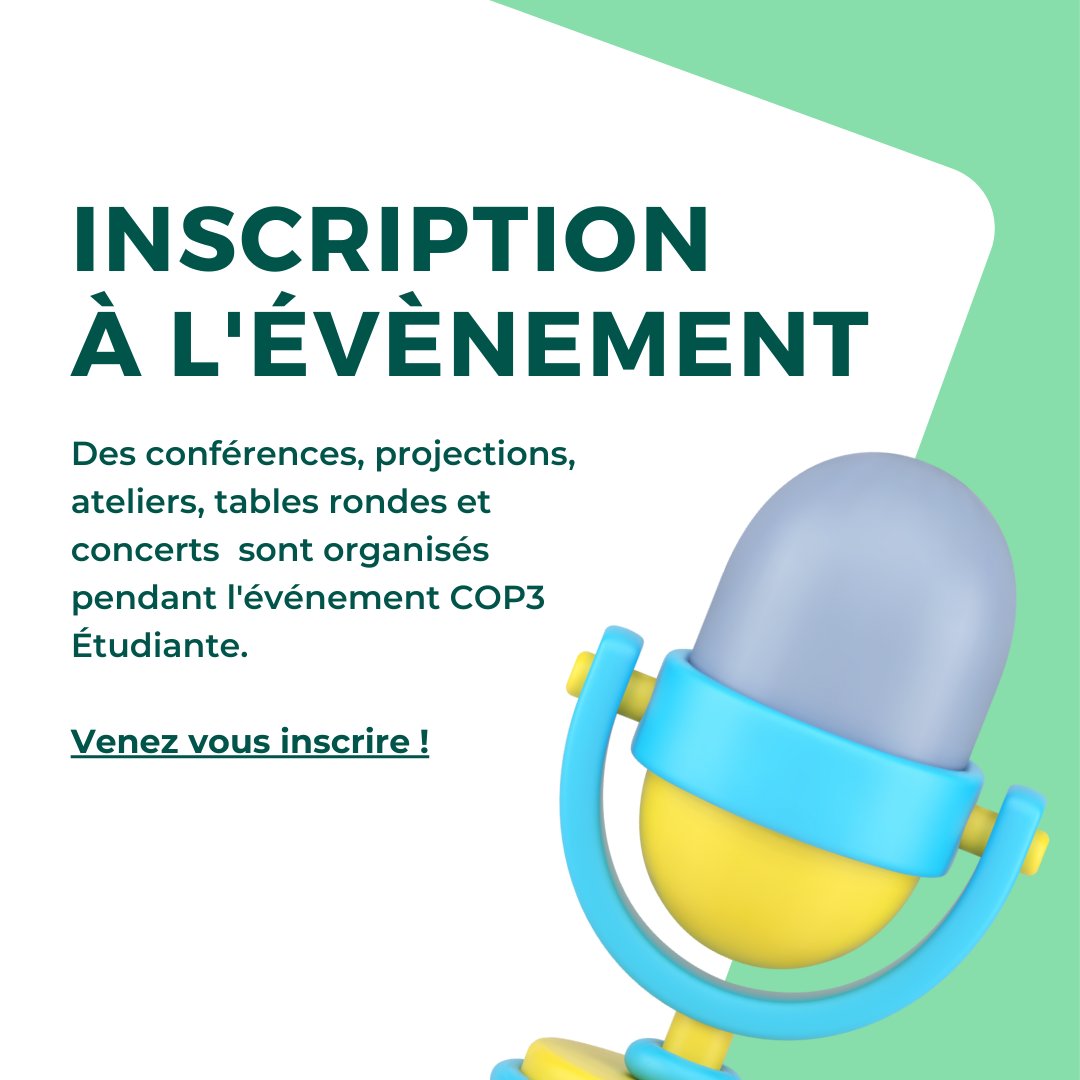 🌿 La COP3 Étudiante organise son grand événement les 17, 18 et 19 mars prochain. 

Nous attendons un millier d’étudiants et étudiantes ainsi que la participation effective de Yann Arthus-Bertrand, parrain de l’événement. 

🌿 Inscrivez vous !
cop3-etudiante.idloom.events/cop3-etudiante