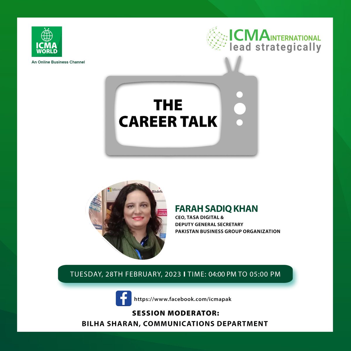 icmapdotpk's tweet photo. Join ICMA for a live session on “Career Talk" by Industry Expert on February, 28th 2023 (Tuesday) from 04 PM – 05 PM on Facebook Live view: https://t.co/1GfDg6DAMn
#Facebooklive #CareerTalk #ExpertAdvice #CorporateLeader #HRHeads #PersonalandProfessionalDevelopment https://t.co/OUlReL9N84