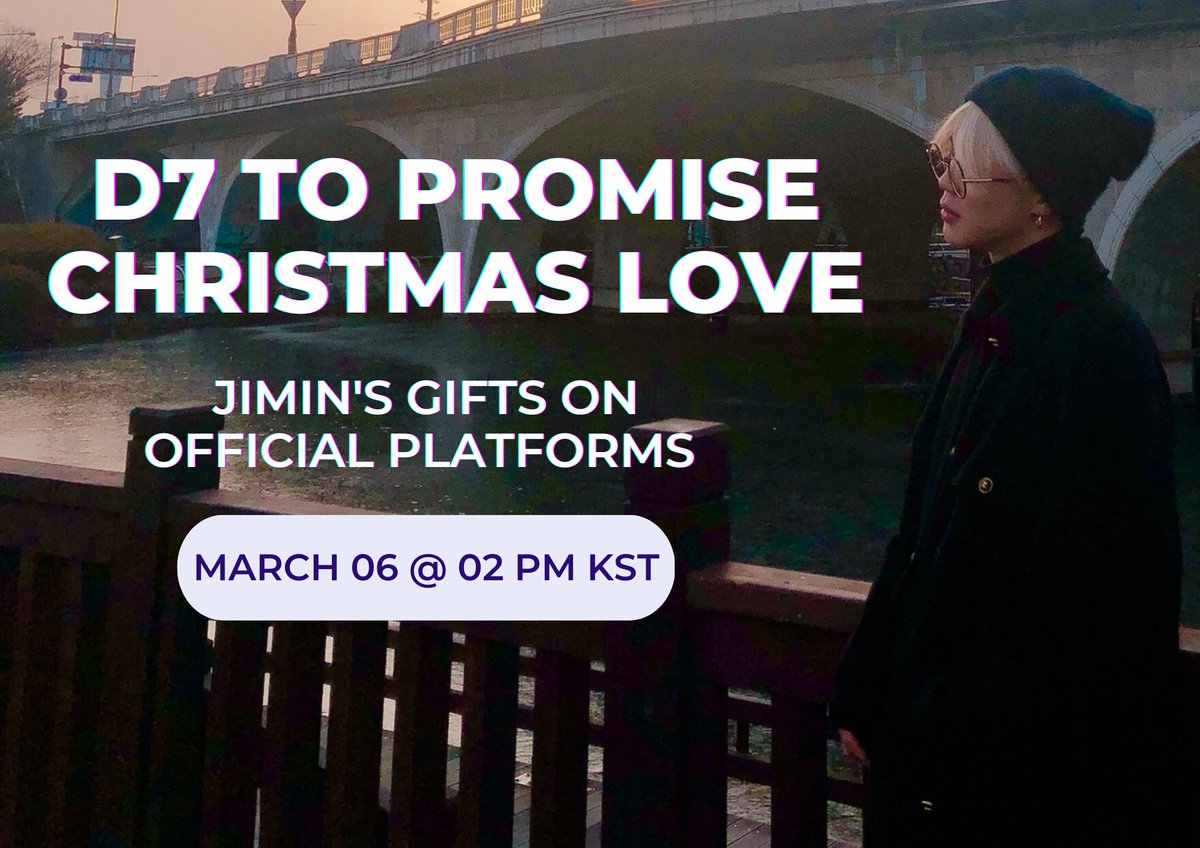 PJM_data's tweet photo. Seven days remain until the official release of Jimin's beautiful gifts - "PROMISE" and "CHRISTMAS LOVE" on music platforms.  🥳👏

Please get ready to support our Jimin, on March 6 at 2pm KST! ❣

#D7_to_PromiseChristmasLove
D7 TO PROMISE CHRISTMAS LOVE https://t.co/hJC22g2F71