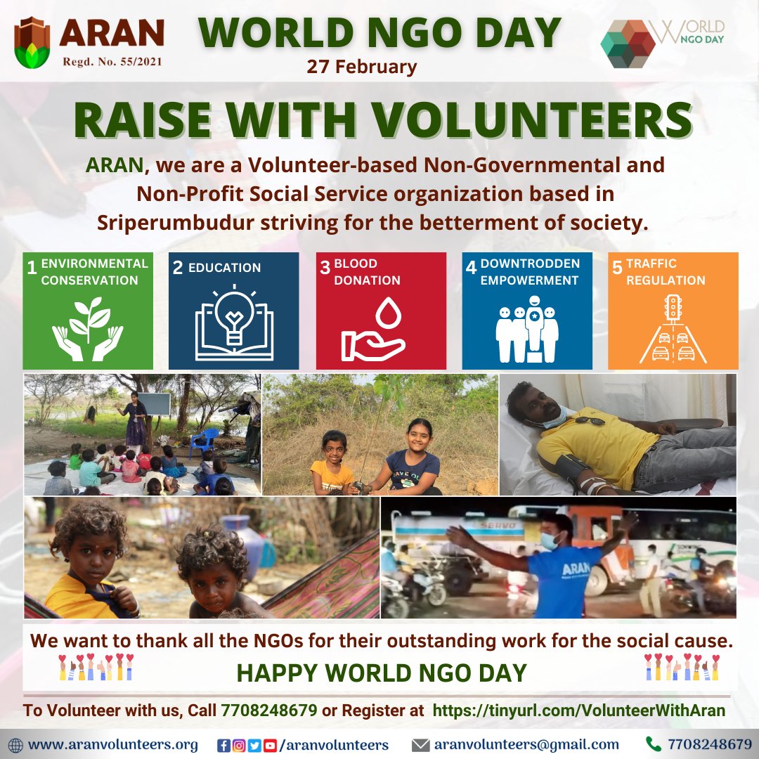 𝗛𝗮𝗽𝗽𝘆 𝗪𝗼𝗿𝗹𝗱 𝗡𝗚𝗢 𝗗𝗮𝘆 - 𝟮𝟳 𝗙𝗲𝗯𝗿𝘂𝗮𝗿𝘆
We want to thank all the NGOs for their outstanding work for the social cause.
#ARAN #NGO #Volunteers #EnvironmentalConservation #Education #DowntroddenEmpowerment #BloodDonation #TrafficRegulation #WORLDNGODAY #FEB27