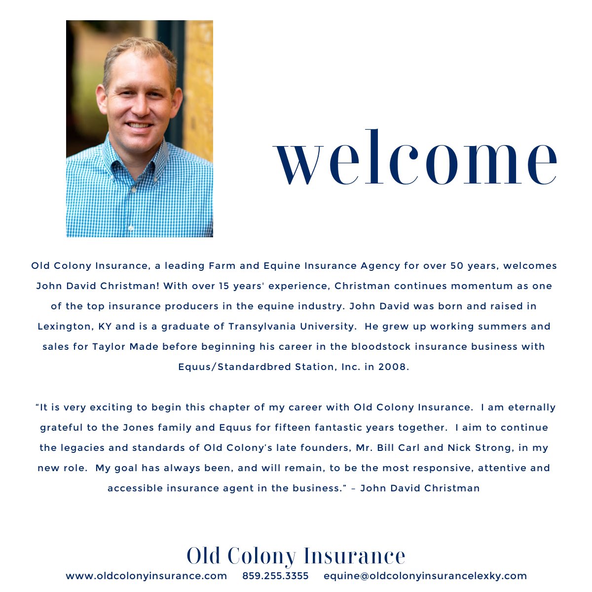 I am very excited to share this news.  Please reach out for assistance with any of your equine, farm or general insurance needs.