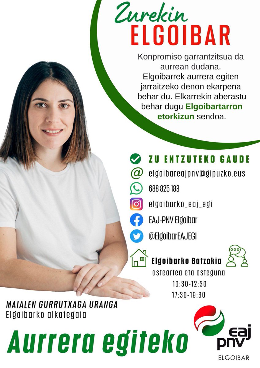 Elgoibar_EAJPNV's tweet photo. #ZurekinElgoibar entzute aktibo kanpaina martxan jartzen degu 💪🏻
Otsailak 28tik Martxoak 16ra 🗓️
#Astearte eta #Ostegunetan batzokian izango gera ☕️ bat hartu eta zuek entzuteko 🗣️
➡️ Goizez: 10:30-12:30
➡️ Arratsaldez: 17:30-19:30
ANIMATU ETA ETORRI GUREGANA‼️
#AurreraEgiteko https://t.co/T00yZiNhOJ