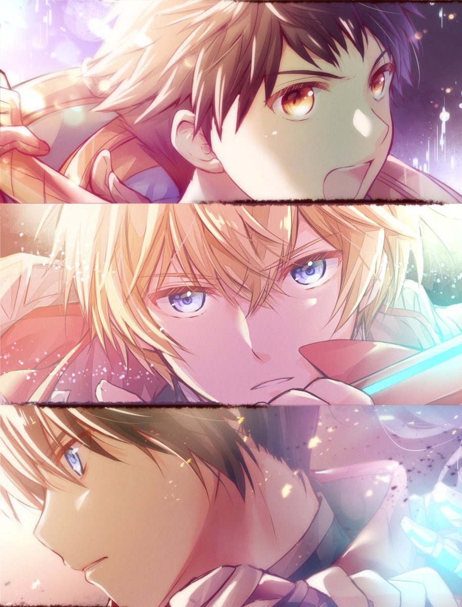 blue eyes multiple boys blonde hair brown hair male focus weapon holding weapon  illustration images