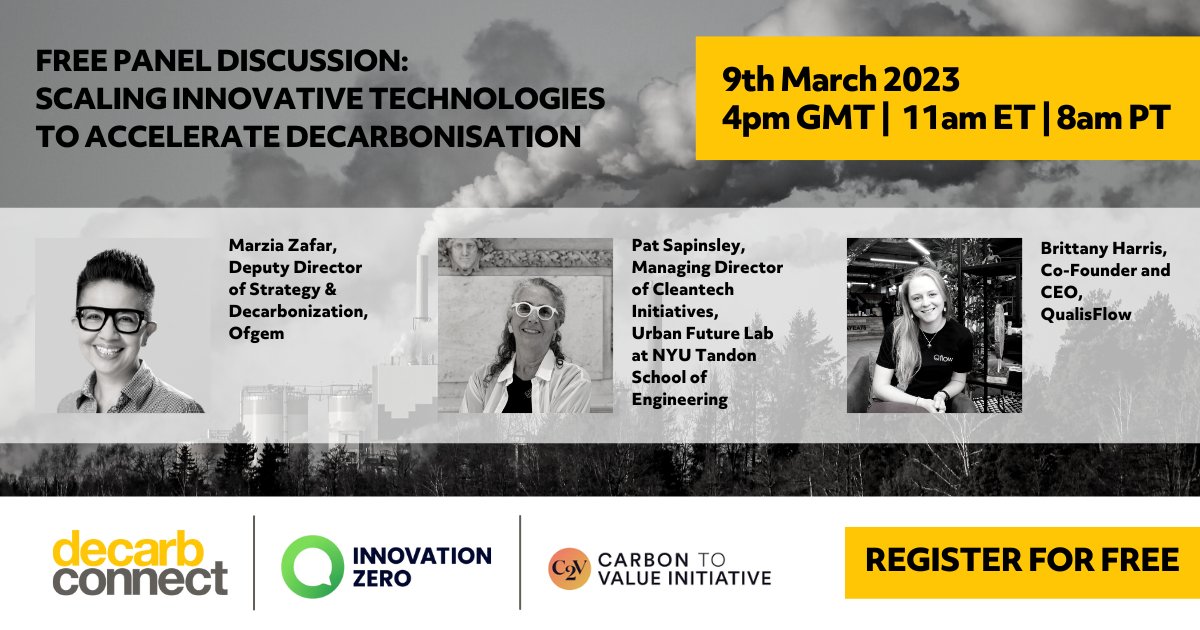 💻 Join us, @DecarbConnect, and #C2VInitiative (@UrbanFutureLab, @GreentownLabs, @Fraunhofer_USA) for the 'Scaling Innovative Technologies to Accelerate Decarbonisation’ webinar, March 9.

@mz_marz, @ofgem; @PatSap2; @britt_civeng, @QualisFlow

Register 👉 bit.ly/3Z6JL6E