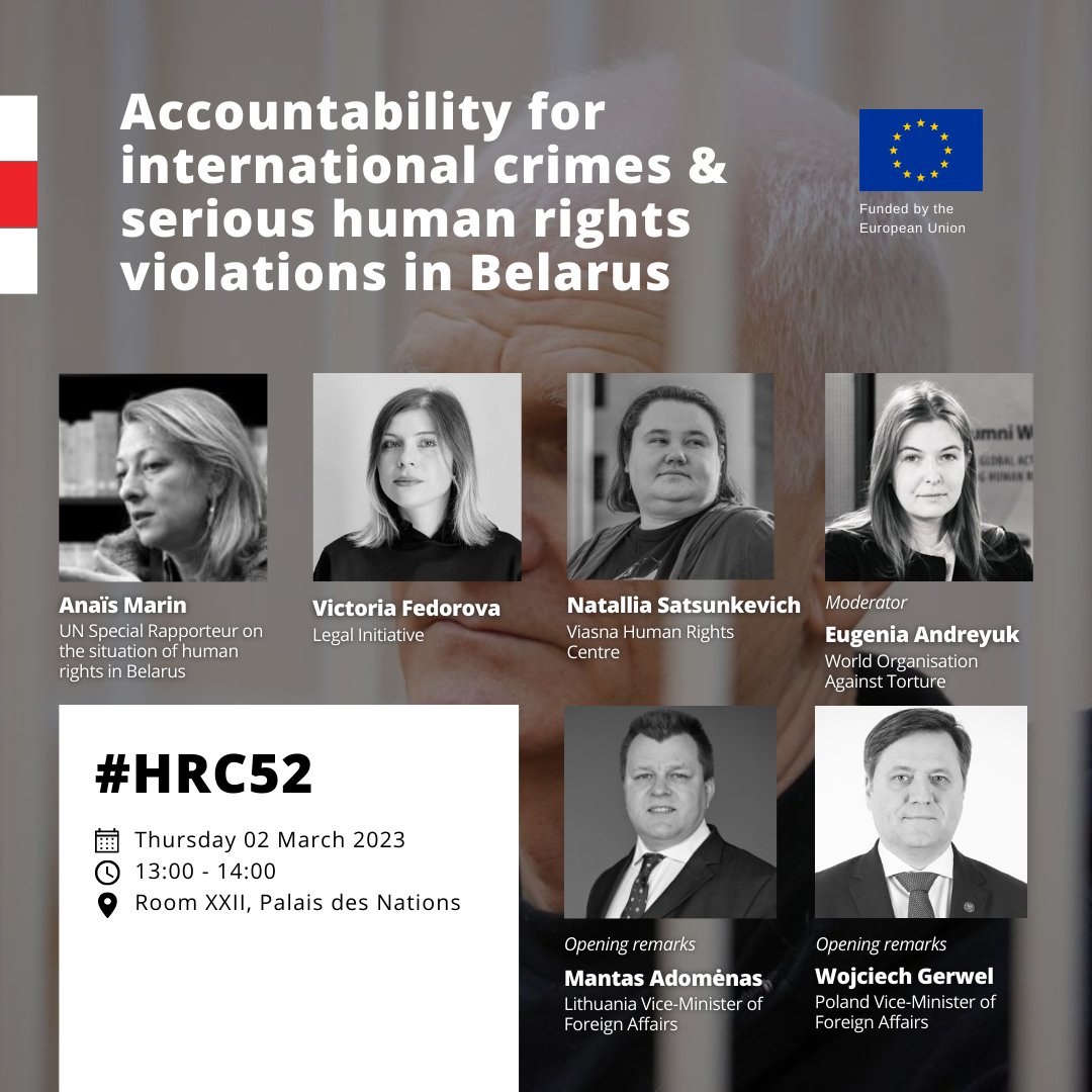 During #HRC49, the OHCHR presented its examination of the #humanrights crisis in Belarus. Since then, there has been no evidence that Belarus has taken steps to improve the dire situation.

Join us in Geneva as we discuss this and more on 2 March at an #HRC52 Side-Event.