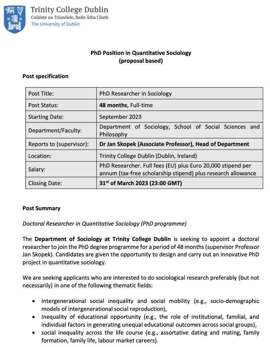 TCD Sociology (@tcdsociology) on Twitter photo 📣 New Funded PhD in #Sociology at <a href="/TCDsociology/">TCD Sociology</a>!!
Please share and/or apply!
PhD Supervisor: Jan Skopek
Topic: Open fields on "Quantitative Sociology"
⏰March 31
ℹ️Details:
tcd.ie/sociology/asse… 📣 New Funded PhD in #Sociology at <a href="/TCDsociology/">TCD Sociology</a>!!
Please share and/or apply!
PhD Supervisor: Jan Skopek
Topic: Open fields on "Quantitative Sociology"
⏰March 31
ℹ️Details:
tcd.ie/sociology/asse…