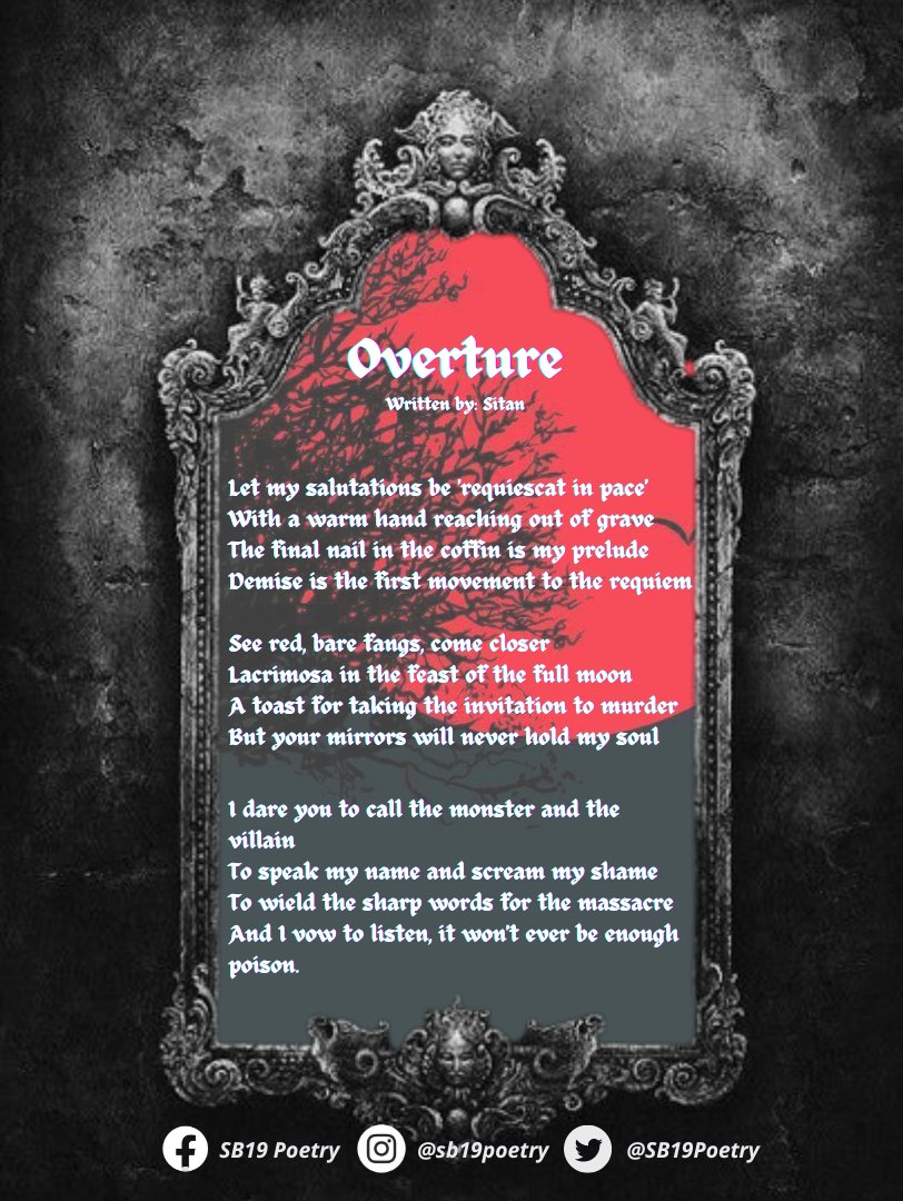 SB19Poetry's tweet photo. Overture 

It's not a crown without the bloodbath
State the cause of death and let the same prompt a renaissance 
A proud grave is harmless no matter how deep you dig it
I read my elegies merrily
I am alive, I am free
You can never bury me

Written by: Sitan

@SB19Official #SB19 https://t.co/7mz9Hb5tjf