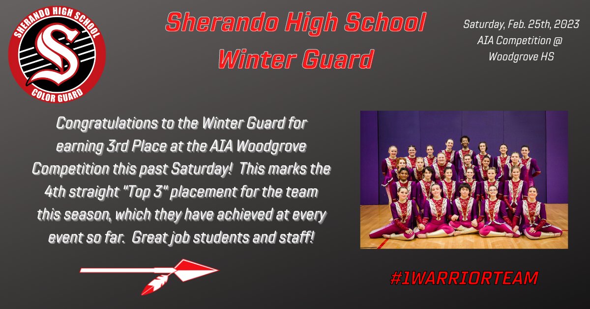 In addition to our several All-State Eligible students that represented Sherando at the VBODA All-VA auditions this past Saturday at JMU, here are the official result highlights from our Winter Guard and Indoor Percussion teams at AIA Woodgrove as well.  Congratulations to all!