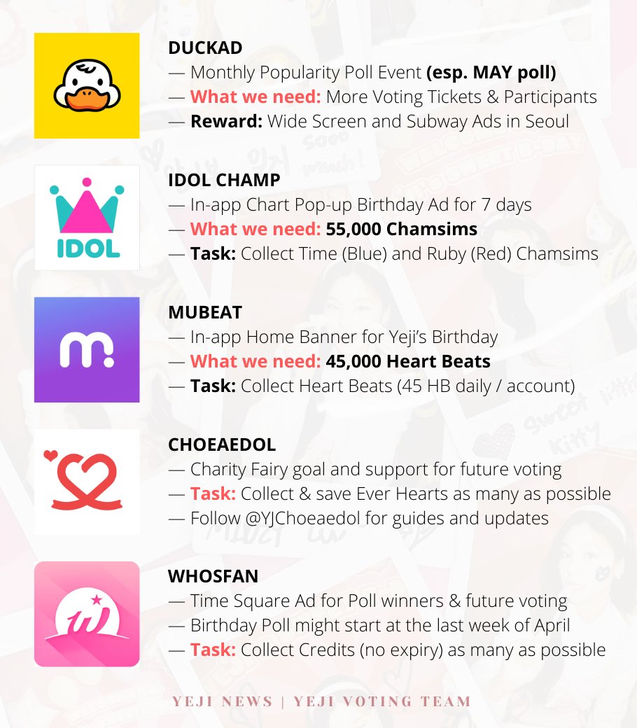 yeji_news's tweet photo. [ NOTICE ] We will start our ad projects for #YEJI’s birthday 🎁 soon through the voting apps shown below!

We'll open the Mubeat ad project next week once our desired date is available

Please follow @YEJIVOTINGTEAM for daily reminders, updates &amp; guides as well as @YJChoeaedol🖤 https://t.co/mu3es1f07q
