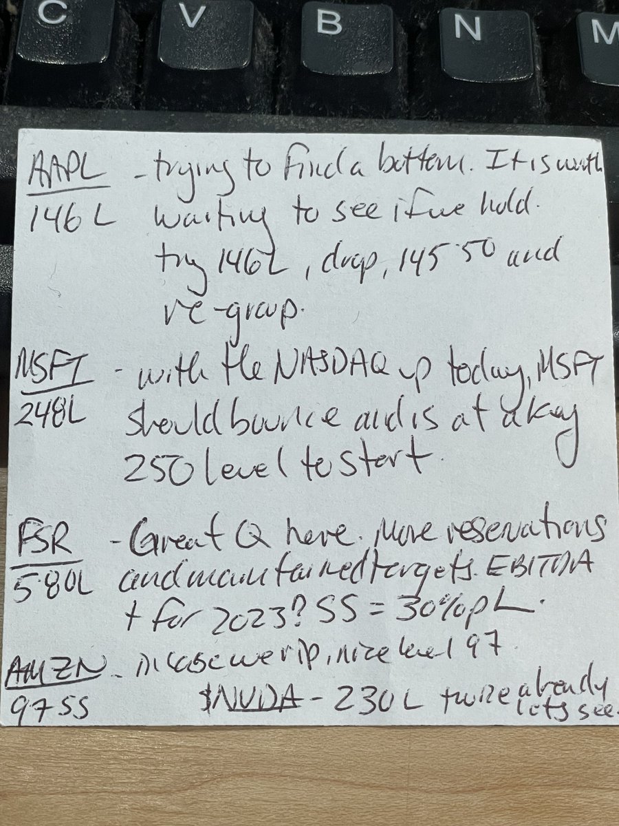 tradertvshawn's tweet image. GM Traders! 💯💥

Thanks for checking out the #stickynote for some #trading ideas💪

$AAPL finding a bottom? see if $146 holds

$MSFT $248 bottom, may not get down there, but $250 also worth s hot L if we dip

$FSR Nice report and 30% short float, good Q

$NVDA $230L $AMZN $97SS