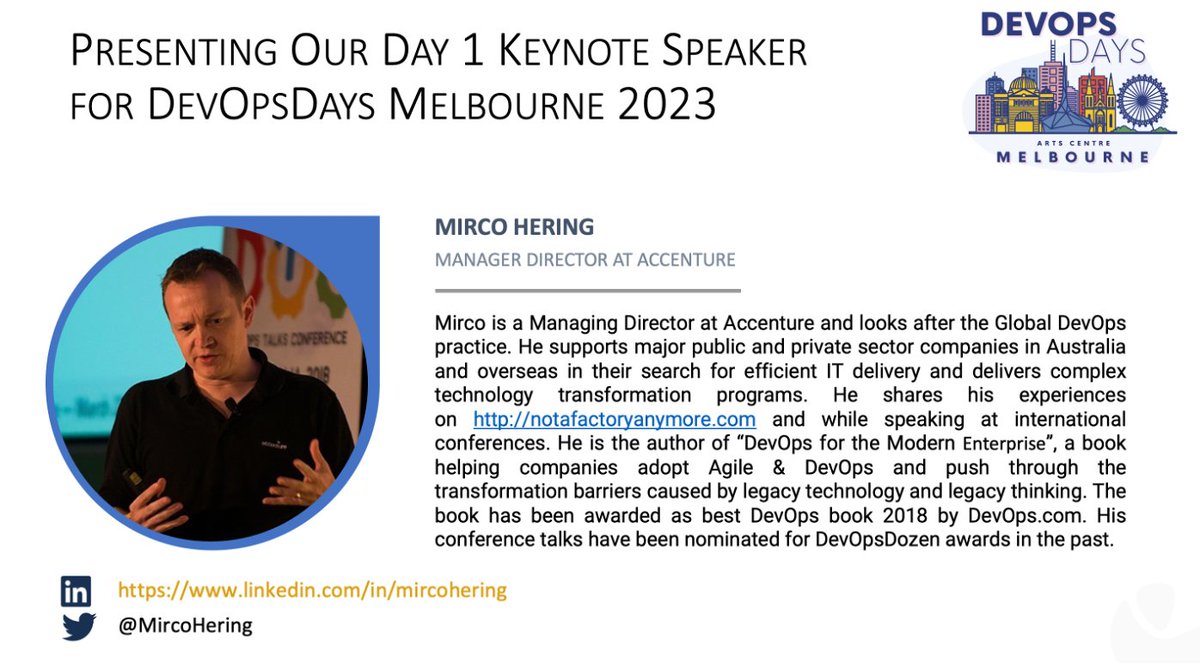 🗣 Day 1 Keynote Speakers for DevOpsDays Melbourne 2023: Don't miss @MircoHering talk, get your tickets now lnkd.in/g23GWXqh! #melbourne #events #conference #devopsdays #devopsdays2023 #devopsdaysmelbourne