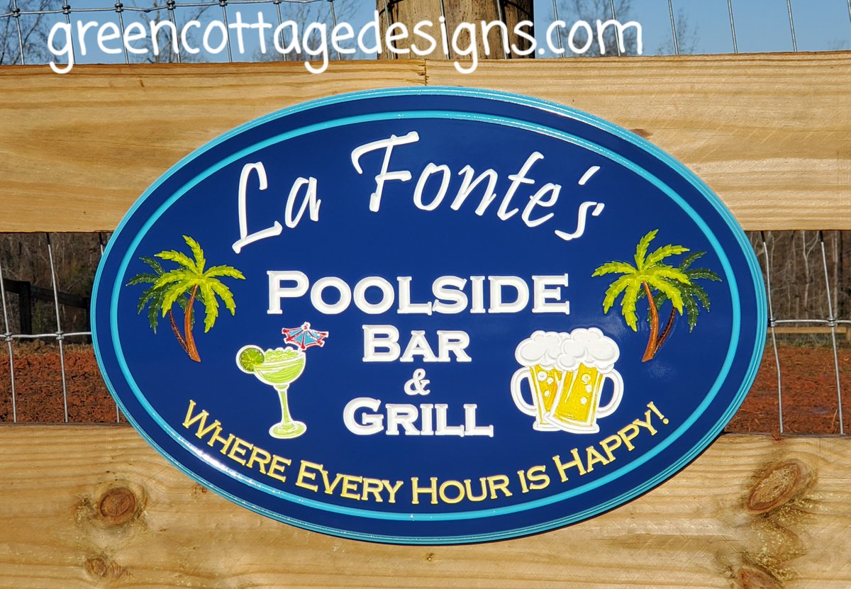 cottage_green's tweet image. Poolside Bar &amp;amp; Grill Happy Hour Signs Personalized! Waterproof Solid ¾" thick PVC Signs! greencottagedesigns.com #Pool #swimmingpool #poolsign #pooldesign