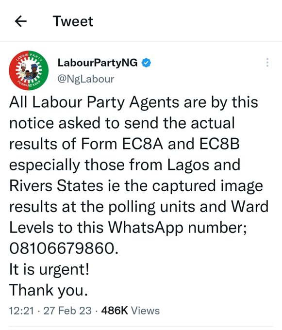 All LP agents should send in the actual captured results at their polling units &amp; ward to d below WhatsApp number.

#benue Jigawa Ambode Ben Hundeyin Igbo Traders National Collation Centre #INECElectionResult North Central Mercy Johnson Lalong Alausa Gombe Abia SS and SE Yoruba