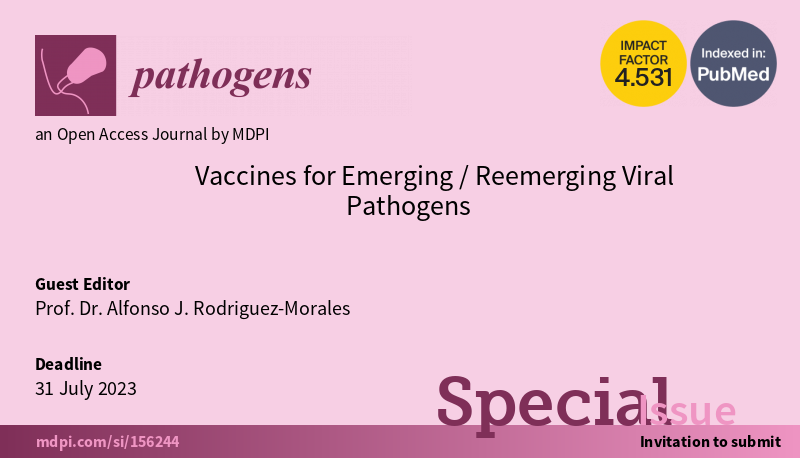 Pathogens_MDPI's tweet photo. #callforpaper
📢 Special Issue: #Vaccines for Emerging/Reemerging #ViralPathogens
👨‍🎓 Guest Editor: Alfonso J. Rodriguez-Morales @DrAJRodriguezM
⏰ Deadline: 31 July 2023
🔗 https://t.co/1D3mL6LnVN
#emergingpathogens
#Zika
#chikungunya
#coronaviruses
#monkeypox https://t.co/LDNpOrWn18