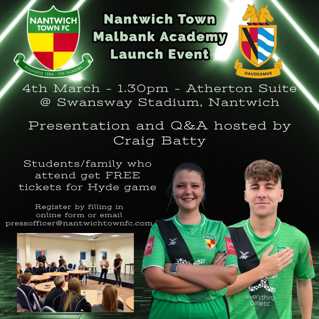 In Year 10/11 and interested in playing football while studying sport? Sign up for the launch event of our brand new academy venture in partnership with <a href="/TheDabbers/">Nantwich Town FC</a>! Join us for a presentation next Saturday and stay for the game: forms.office.com/Pages/Response…
