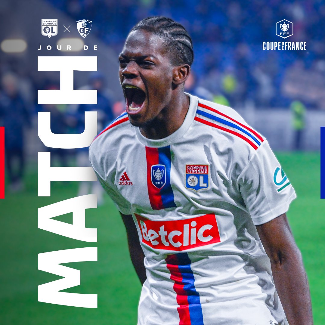 OL's tweet photo. 🔴 Jour de match 🔵

⚽ #OLGF38  
🏆 1/4 de finale #CoupeDeFrance
⏰ 21:10 
🏟 @GroupamaStadium
 
🎟 https://t.co/gPOaRmMZsC 
📺 @France2tv / @beinsports_FR 

𝐀𝐥𝐥𝐞𝐳 𝐥𝐞𝐬 𝐆𝐨𝐧𝐞𝐬 ! 🦁🔴🔵 https://t.co/MNz4eHEk8O