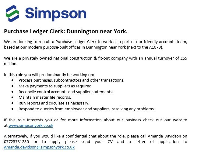 At opportunity to join the team at Simpson (York) Ltd #Simpson #Accounts #team