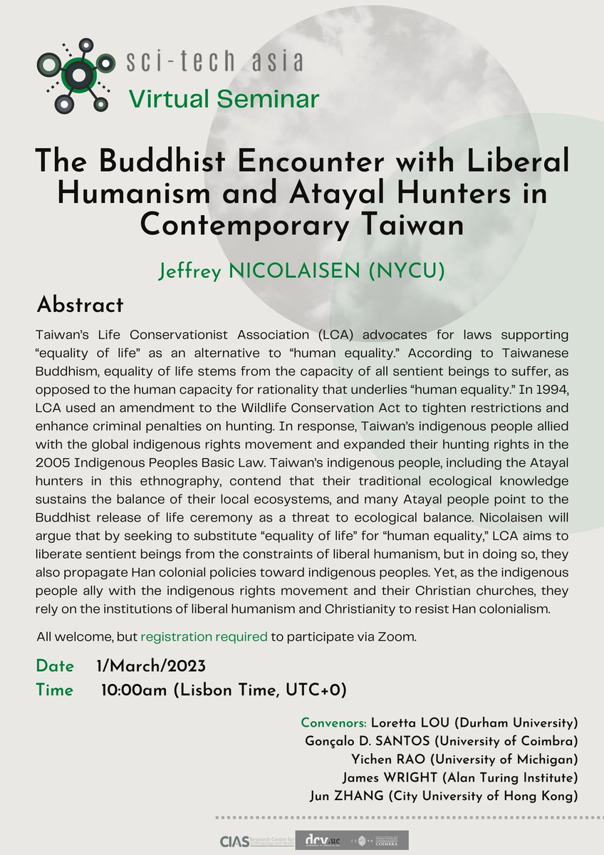 SciTechAsia's tweet photo. NEW WEBINAR!
On March 1st at 10am (UTC+0), we will continue our series with a talk by Jeffrey NICOLAISEN (NYCU) on the encounters between Buddhism, Taiwan's Life Conservationist Association and Atayal Hunters. All welcome! RSVP to join the discussion at: https://t.co/mW4aMHGRAa https://t.co/oohNXVqXUK