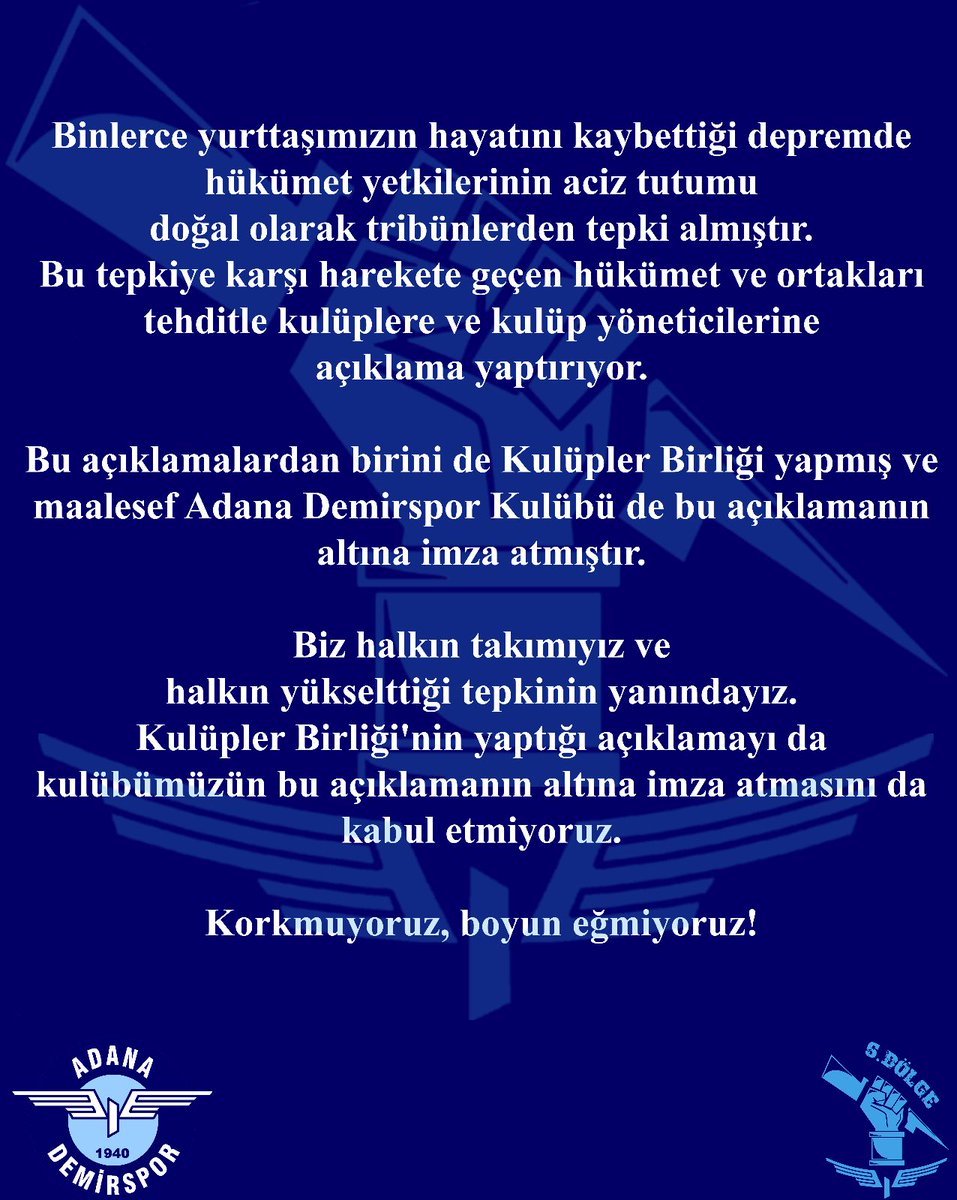 Siyaset yapmıyoruz diyerek siyasi iktidarın payandalığını yapan kıravatlıları uyarıyoruz: 

Kıravatlıların aldığı karar tribünleri etkilemez!

Herkes kendi işine baksın!

#AdanaDemirspor
