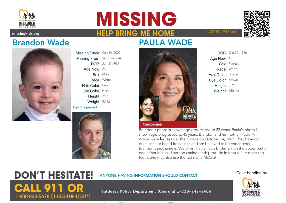 🚨 MISSING 🚨 

#PaulaWade #BrandonWade 
#Valdosta #Georgia #FindPaulaAndBrandonWade #MissingPosterMonday #MissingMonday 

Please Share!!!