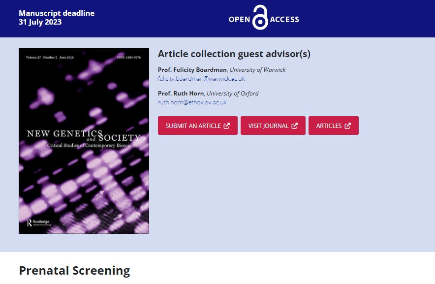 Article Collection on Prenatal Screening - Call for Papers in <a href="/NewGenSoc/">NewGenetics&Society</a> 

think.taylorandfrancis.com/article_collec…