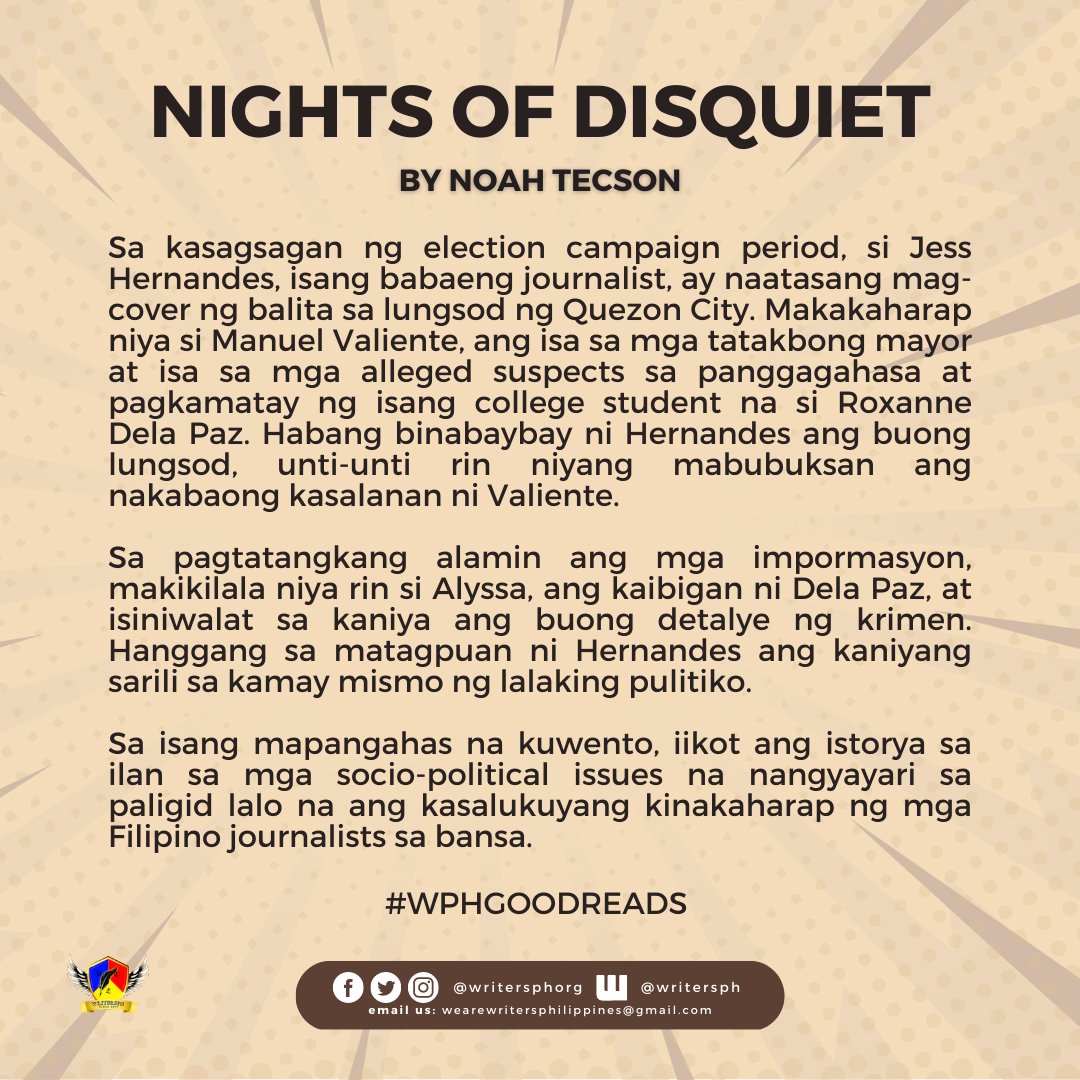 writersphorg's tweet photo. Discussing socio-political issues and dirty world of Philippine politics in the eye of a lady journalist, our #WPHGoodReads recommendation is written by Wattys 2022 shortlisted author, Noah Tecson, entitled "Nights of Disquiet".

Read the story now: https://t.co/WSR9ezkANL https://t.co/Ol3TK8P9Zi
