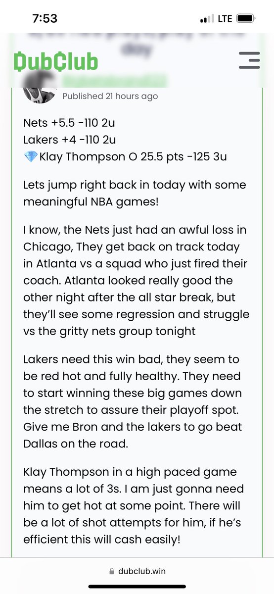 Bigbetsbrand123's tweet photo. Good Morning ☀️🧹

Nets +5.5 -110 2u✅
Lakers +4 -110 2u✅
💎Klay Thompson O 25.5 pts -125 3u✅

2 nights, 2 sweeps

8-0 in my last 8 bets https://t.co/VoZs4Fl9Ex