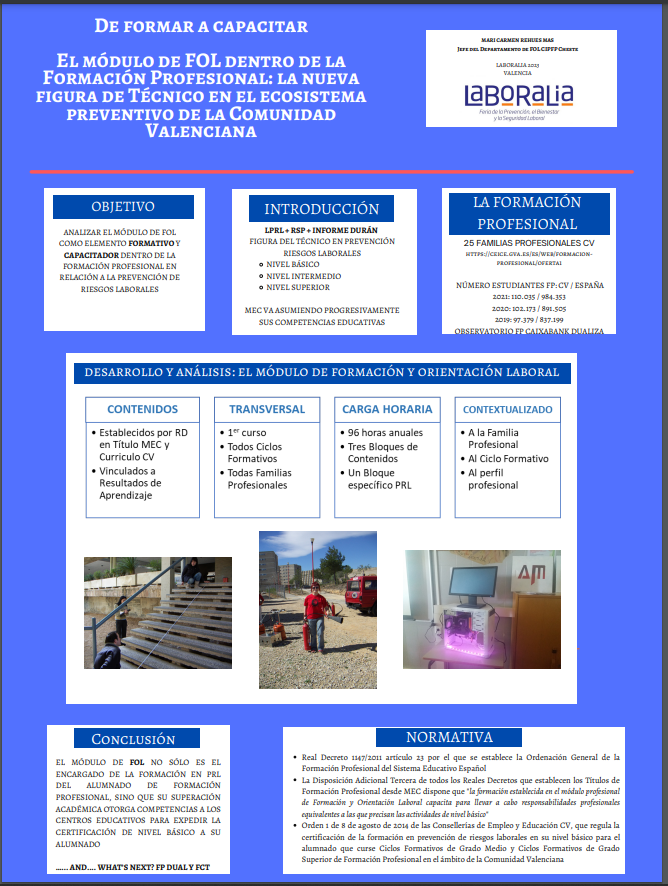 GVAinvassat's tweet photo. 👷‍♂️Pòster de #Laboralia23 presentat per Mari Carmen Rehues Mas, cap del Departament de FOL CIPFP Cheste:👩‍🎓De formar a capacitar, el mòdul de FOL dins de la #FormacióProfessional: la nova figura de Tècnic en l'ecosistema preventiu de la CV

👉https://t.co/R4Tel5zdXp

#SST #INVASSAT https://t.co/Rac5IPHuFG