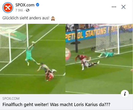 Ja was macht er da?! Es ist ein abgefälschter Ball. Jede:r, der/die einmal im Leben die Handschuhe angezogen hat, weiß welch großen Impact selbst so minimale Kontakte bei Schüssen haben können - vor allem aus kurzer Distanz. Hauptsache es passt ins Karius-Narrativ.