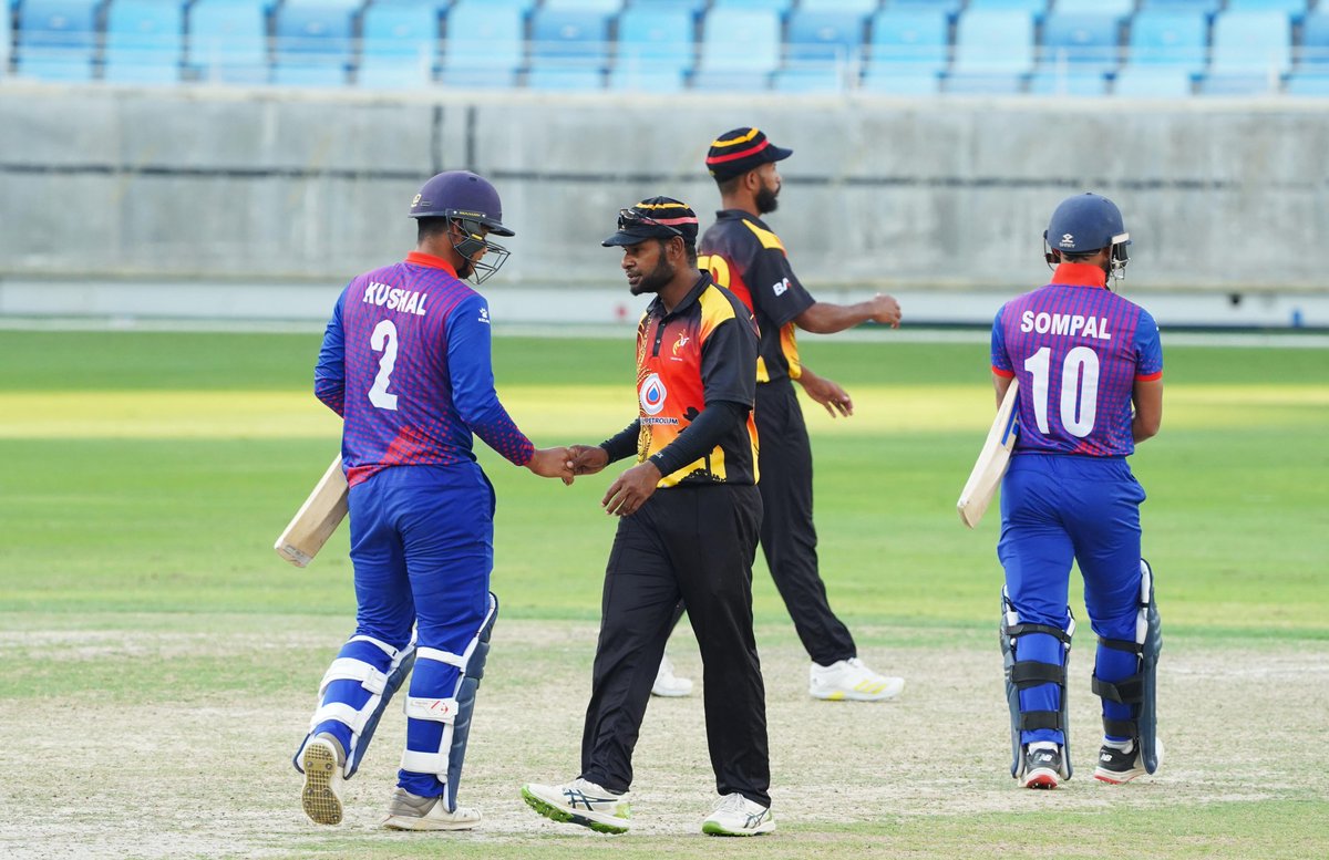 ICC's tweet photo. Contributions with the bat from several players, led by Kushal Bhurtel's fifty, guide Nepal to a four-wicket win over PNG 👏

Watch all the @cricketworldcup League 2 action live and FREE on https://t.co/CPDKNxoJ9v 📺

📝 Scorecard: https://t.co/RknATP7EI4 https://t.co/tX8ieY6PJo