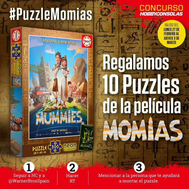 📢 ¡SORTEO! 

🎁 ¿Te gusta resolver misterios? Regalamos 10 puzzles de la película Momias.

1️⃣ Síguenos y a <a href="/WarnerBrosSpain/">Warner Bros. España</a>. 
2️⃣ RT.
3️⃣ Menciona  un amigo con el que te gustaría resolver el puzzle usando #PuzzleMomias.

¡Termina Jueves 2 de marzo! BBLL: buff.ly/3Z2zJDu
