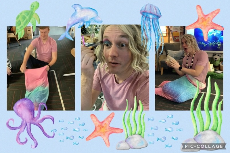 Raddlebarn_Sch's tweet photo. Rob from @BirminghamRep has been working with Nursery last term - in January we looked at photos of Rob in his acting roles. The children were really curious about costumes and make up, so they asked him if could he dress up and pretend to be a mermaid - he did! https://t.co/eXNPCBnIcb