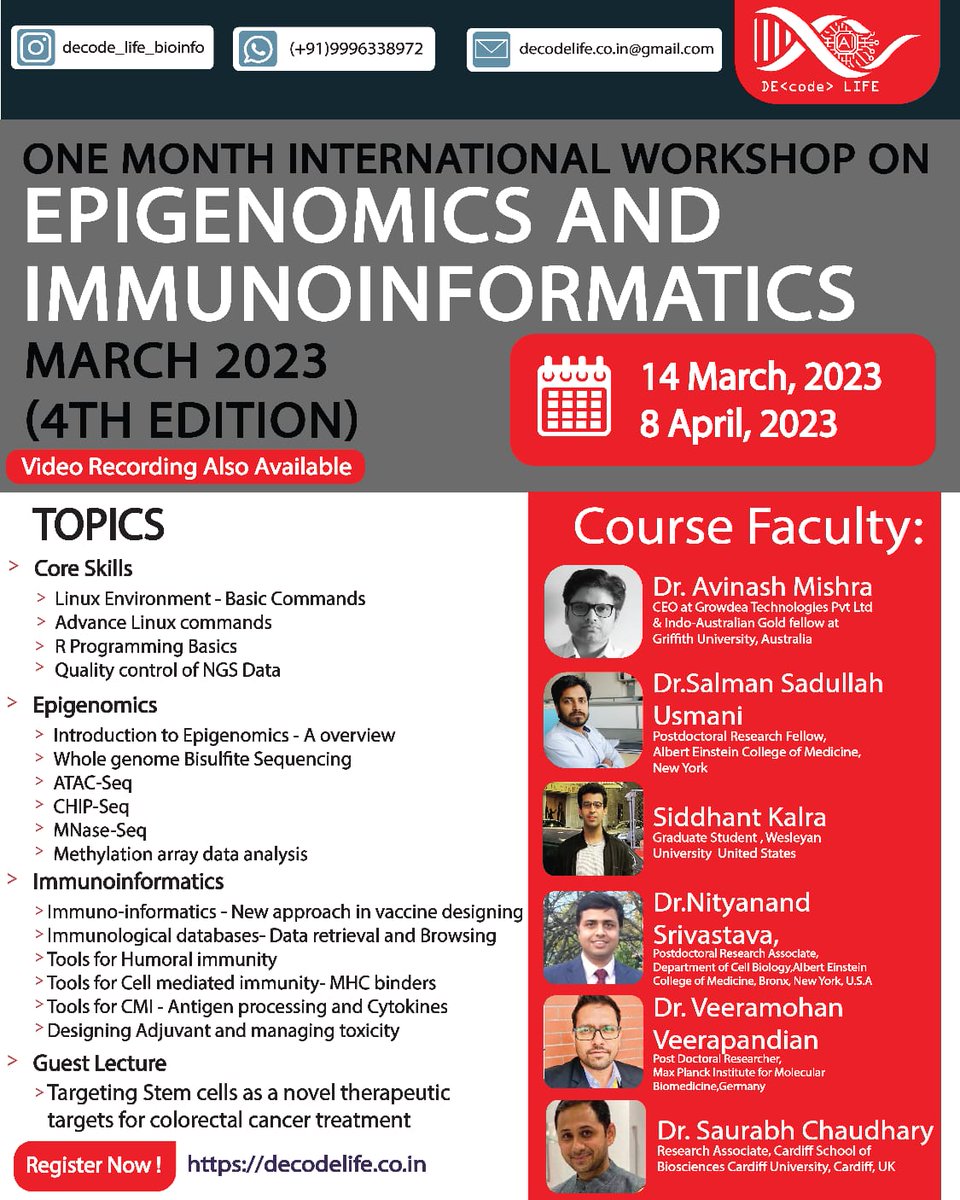 Decode life (@lifedecode) on Twitter photo Registration is now open for one month #bioinformatics workshop by <a href="/LifeDecode/">Decode life</a> - Epigenomics and Immunoinformatics - 4th Ed. 2023 w.e.f 14 March.
Registration link - decodelife.co.in
#genomics #Biotechnology #biotech Registration is now open for one month #bioinformatics workshop by <a href="/LifeDecode/">Decode life</a> - Epigenomics and Immunoinformatics - 4th Ed. 2023 w.e.f 14 March.
Registration link - decodelife.co.in
#genomics #Biotechnology #biotech