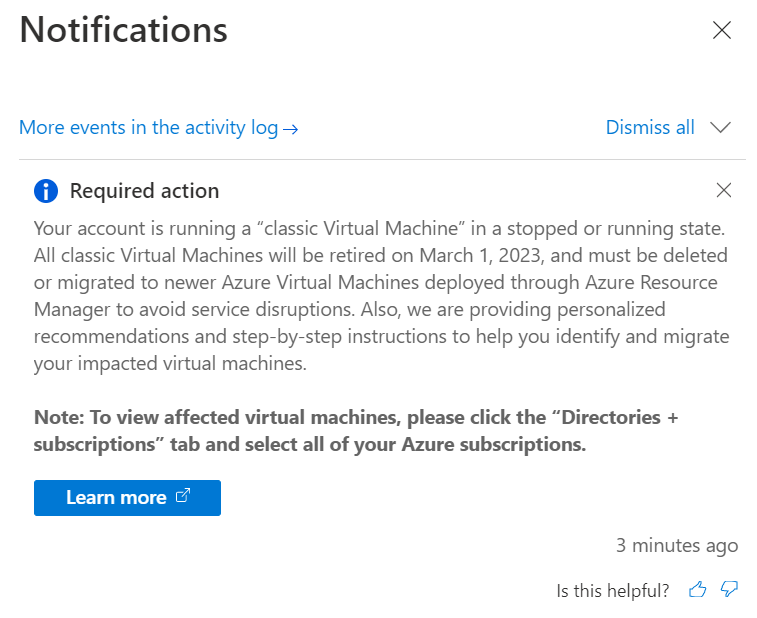 berryweblabs's tweet photo. @AzureSupport I received a notification in the portal this morning that classic vms are being retired tomorrow. Hasn't this been extended to 9/1/2023? Can you please confirm this notification is incorrect? https://t.co/T2WzlQSz8r