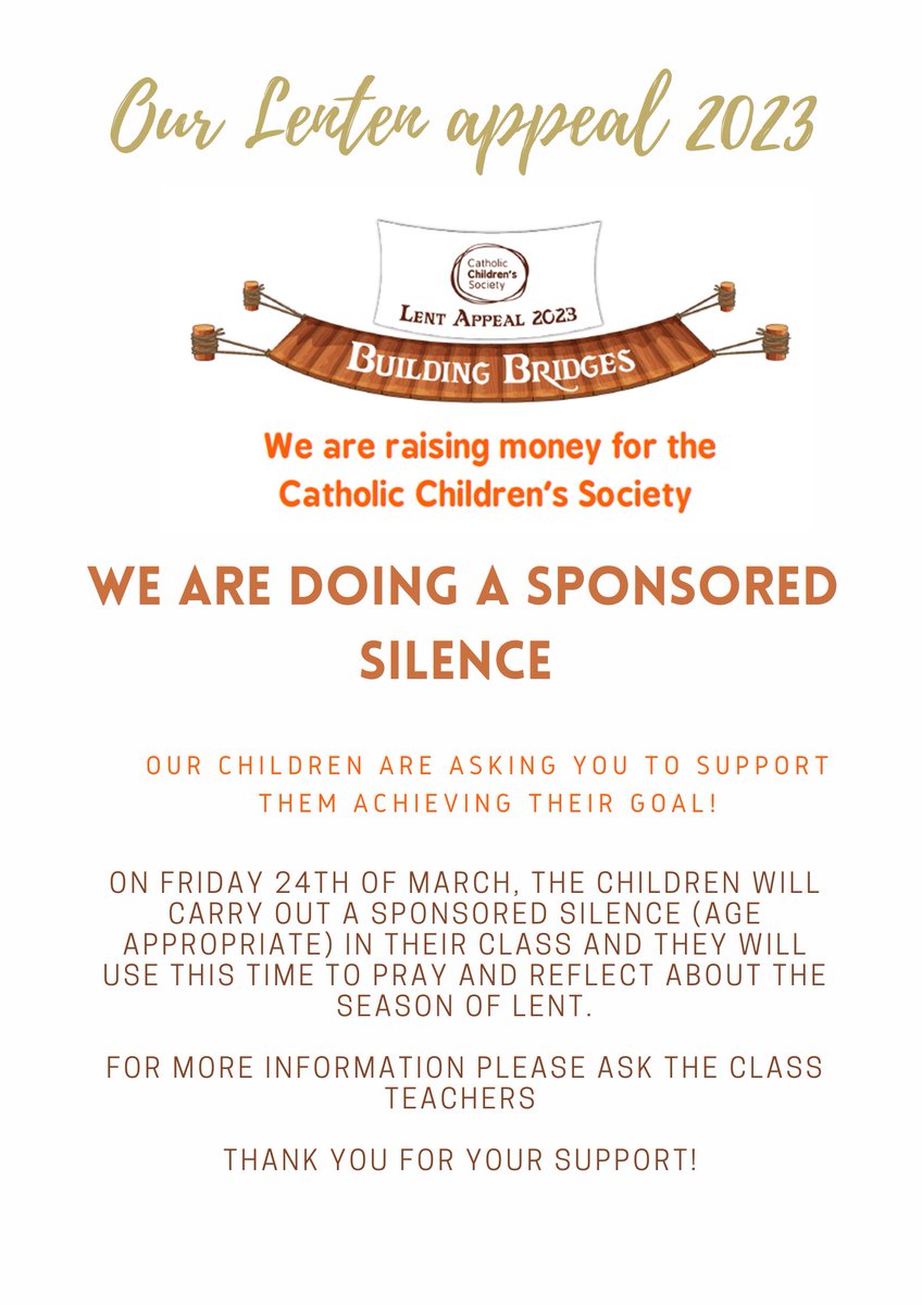 Our Lenten ✝️ appeal has been announced! The children are doing a Sponsored Silence 🤫😶🤐🔕 this year to raise money for <a href="/CathChildW/">CathChild</a> ! Please support them! #lentenappeal #catholicschool #raisingmoneyforcharity #sponsoredsilence