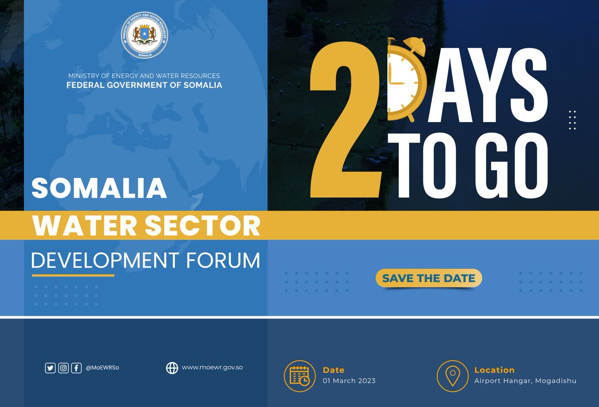 Two days untill the high-level Water Sector Development Forum kicks off in Mogadishu, Somalia.

#Water4Somalia #WSCF #WaterForum #MoEWRSo