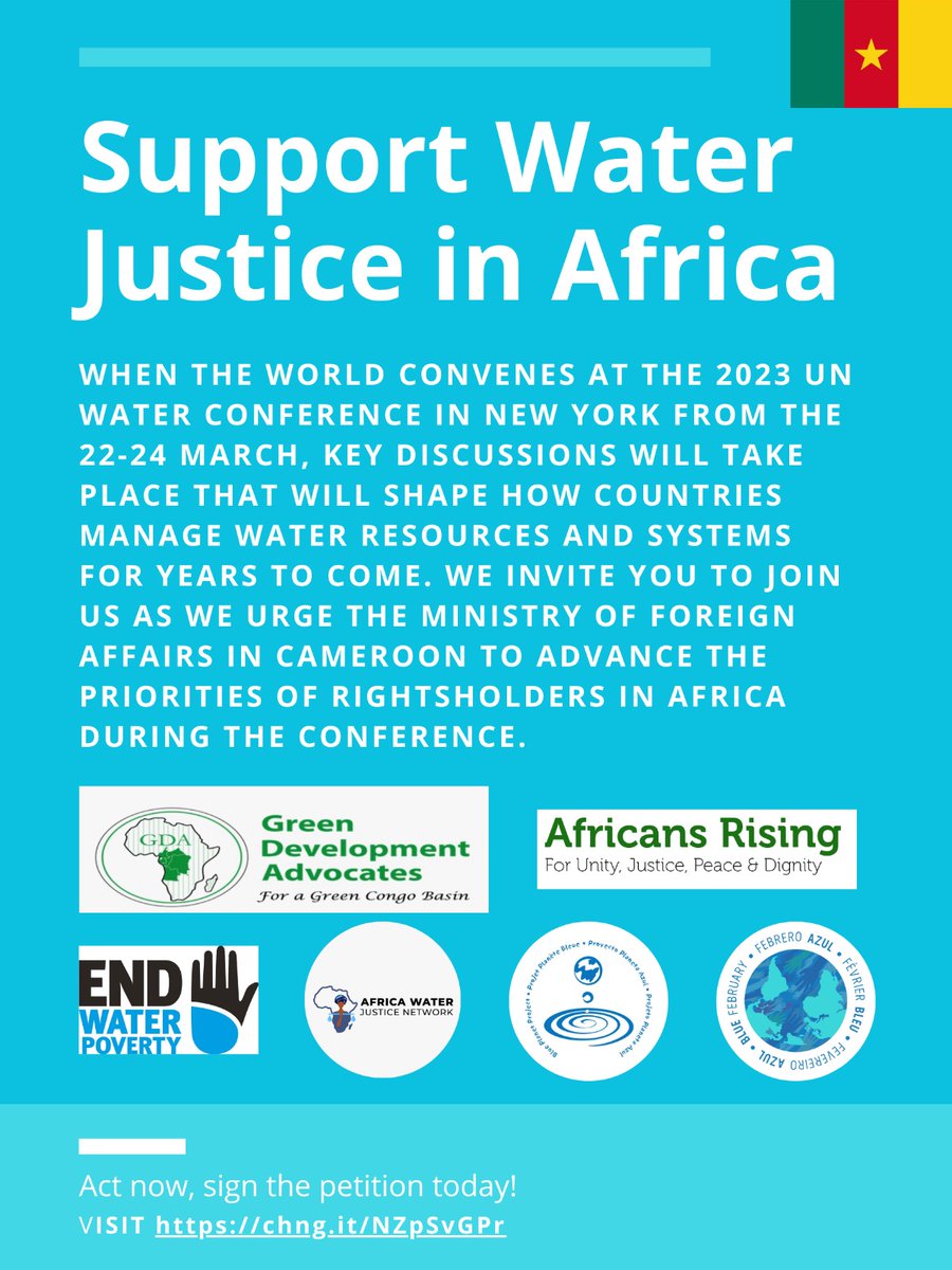 advocatesgreen1's tweet photo. CMR's wider campaign by the Africa Water Justice Network to encourage their gov'ts to push the priorities of rights-holders at the UN 2023 Water Conference. Sign collection https://t.co/K3t9LWDjCm until 2nd week of March
#bluefebruary
#endwaterpoverty
#waterjustice
#wateraction https://t.co/LxQSlLuNzX