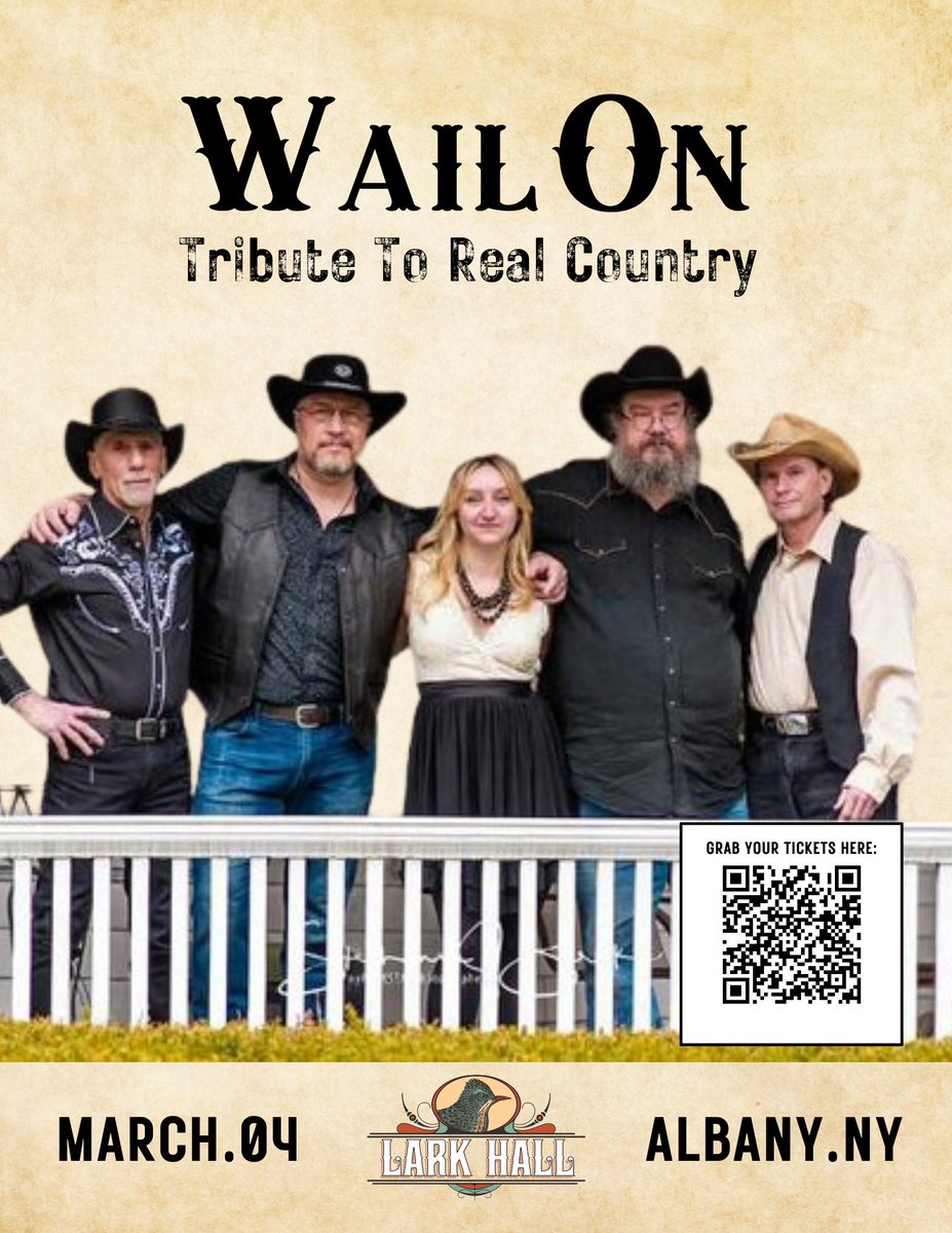 This Friday at Lark Hall!

WailOn: Tribute to Waylon Jennings and Outlaw Music 

Tickets available at the link below. 👇
eventbrite.com/e/wailon-tribu…

#larkhallalbany #livemusic #albanyny #capitalregionny #capitaldistrictny #wailon #country #supportlivemusic