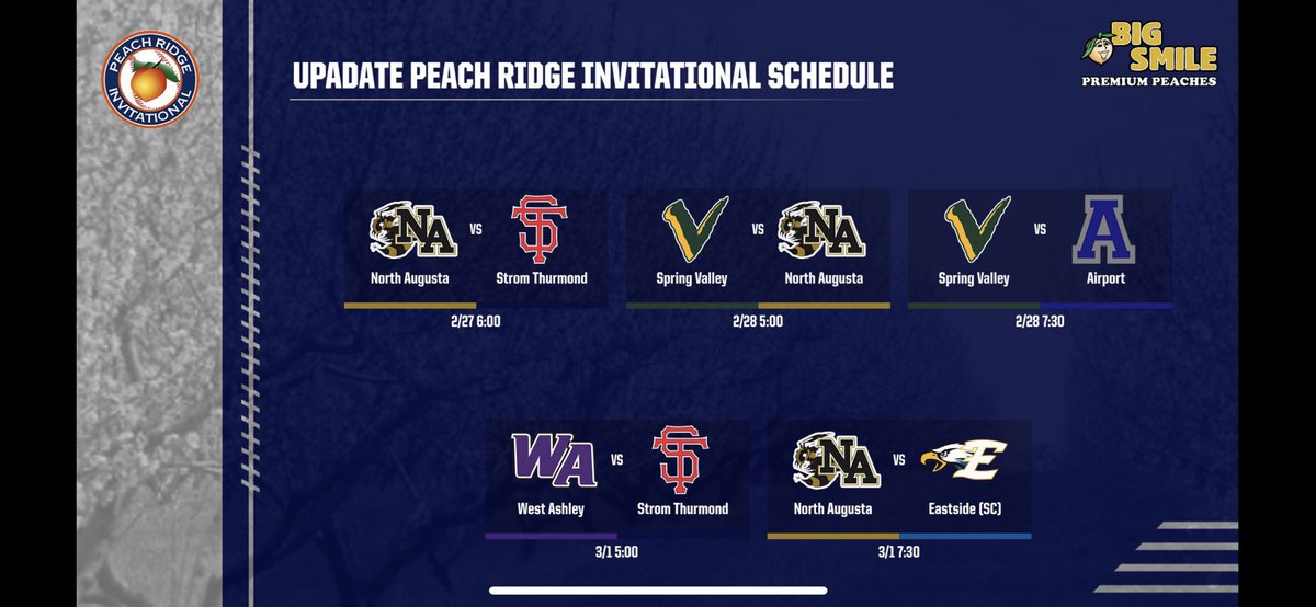Updated Peach Ridge Schedule <a href="/STRebelBaseball/">Strom Thurmond Rebels Baseball</a> <a href="/Airport_Eagles/">AHS Diamond Eagles</a> <a href="/NAYJ_Baseball/">North Augusta Yellow Jackets Baseball</a> <a href="/WAHS_Baseball/">West Ashley Baseball</a> <a href="/EHSDiamondEagl2/">@EHSDiamondEagles</a> <a href="/SVBaseball00/">Spring Valley Vikings Baseball</a> #BallOnTheRidge
