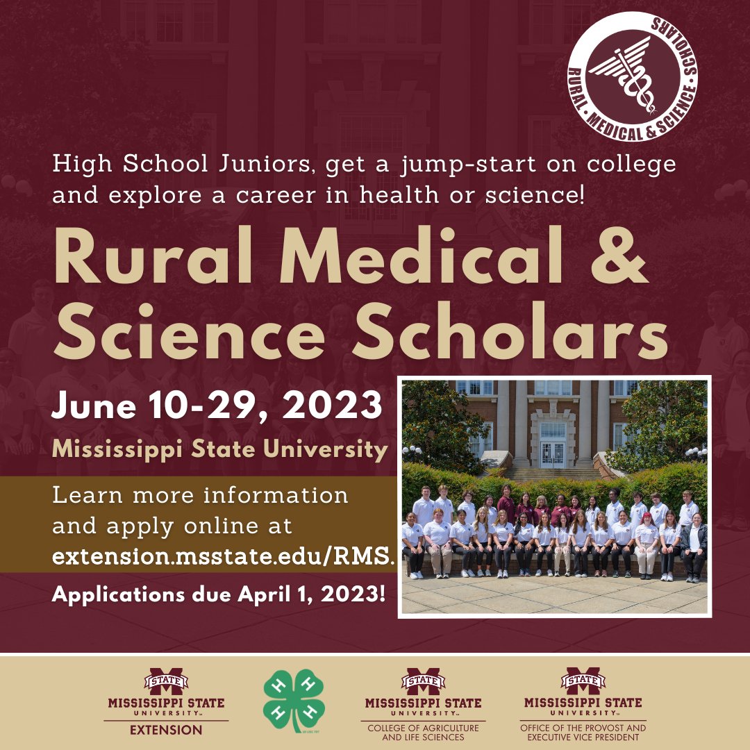 Do you know a current high school junior interested in a health or science career? 

Encourage them to apply to our MSU Rural Medical &amp; Science Scholars program! 

➡️Applications are due April 1, 2023.

Find out more: ow.ly/P1aB50MvMQ1 #LearnWithExtension #MSUext