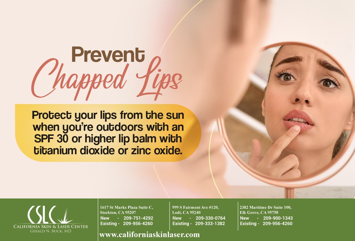 DrGeraldBock's tweet photo. A lip balm with #SPF of 30 or higher can keep your lips from getting chapped when you’re outdoors. Remember to reapply your lip balm every two hours. #lodi #CA #californiaskinlaser #elkgrove https://t.co/4SjNCuuIO8