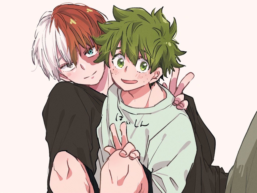 midoriya izuku ,todoroki shouto multiple boys 2boys male focus red hair scar green hair freckles  illustration images