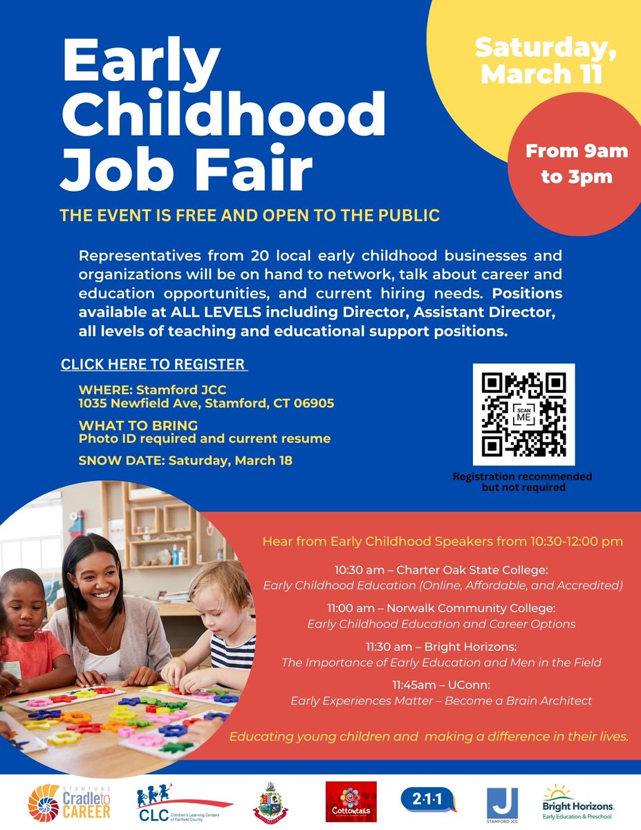 StamfordC2C's tweet photo. We invite you to join us at the Early Childhood Job Fair at the Stamford Jewish Community Center on Saturday, March 11 from 9:00am to 3:00pm.
Please bring your current resume. We look forward to meeting you. 
Register here: https://t.co/PnX3mk8Nb6 https://t.co/tWHTAMEWFI