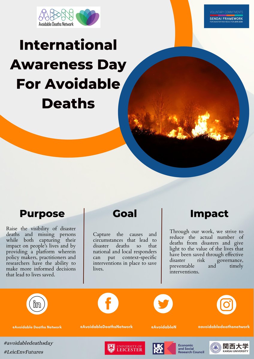 AvoidableN's tweet photo. International Awareness Day for Avoidable Deaths 🌏#avoidabledeathsday
Purpose: Raise the visibility of disaster deaths and missing persons +
Goal: Capture the causes and circumstances that lead to disaster deaths +
Impact: Reduce the actual number of deaths from disasters + https://t.co/3ZgNuPzKzi