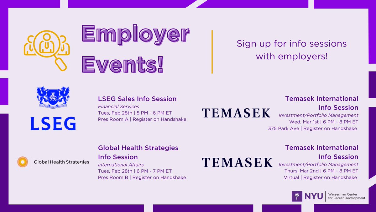 Join employers in the financial services, international affairs, and investment and portfolio management industries and learn more about their open positions by signing up for info sessions on Handshake today!