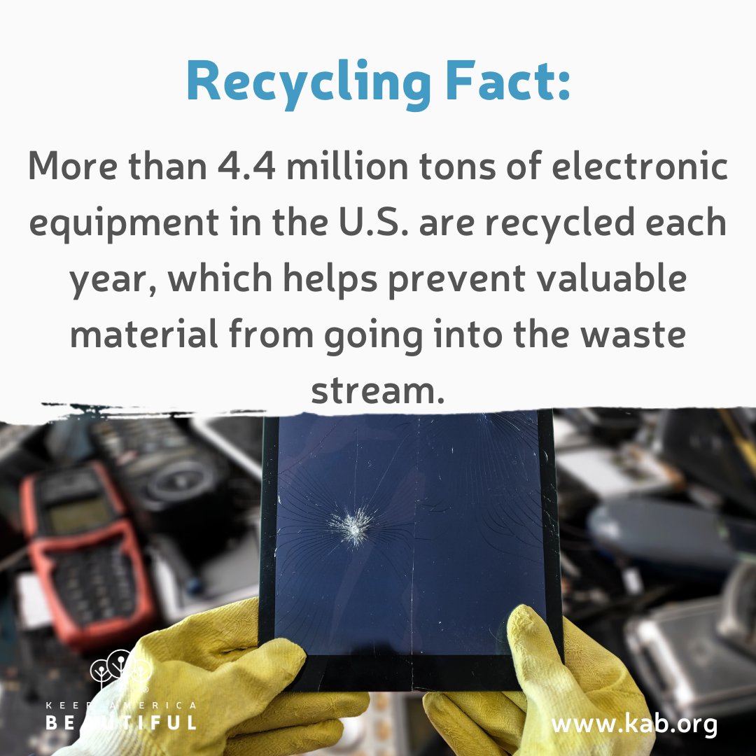 kabtweet's tweet image. Recycling FACT: More than 4.4 million tons of electronic equipment in the U.S. are recycled each year, which helps prevent valuable material from going into the waste stream.
Take the #BeRecycled Pledge now.
ow.ly/ryAj50MSkFa

#Recycle #KeepAmericaBeautiful #CircularEconomy