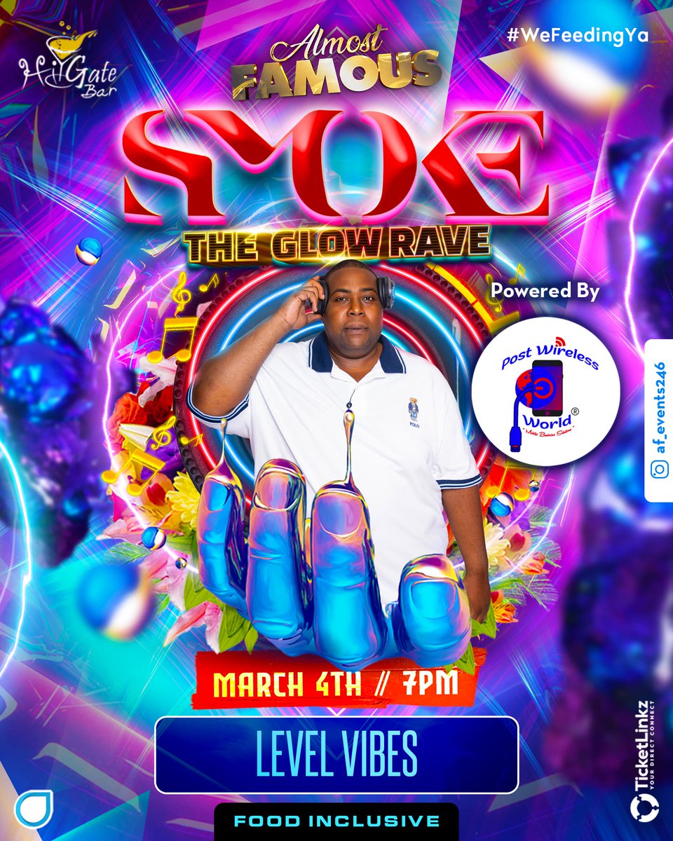 Building a Vibe?
It has to be Level 🎵

Welcome to the entertainment lineup for "SMOKE" The Glow Rave 

Powered by @postwirelessworld 

Tier 2 $120 tickets 🎟️🎫 are still available from our box offices.