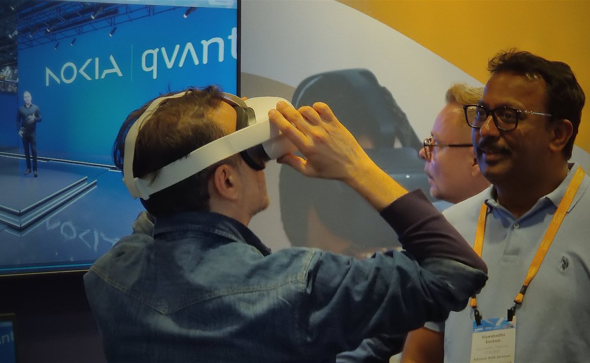 Movya_fi's tweet photo. Our #MWC23 -experience has started exceptionally, with a lot of buzz around Movya Storyverse™ and 5G metaverse solutions! ✨

Meet us at the AWS stage, where you can experience the demo with our amazing partners @nokia and @qvantel! 

#5G #behindyourstory https://t.co/M8LoyVQjyw