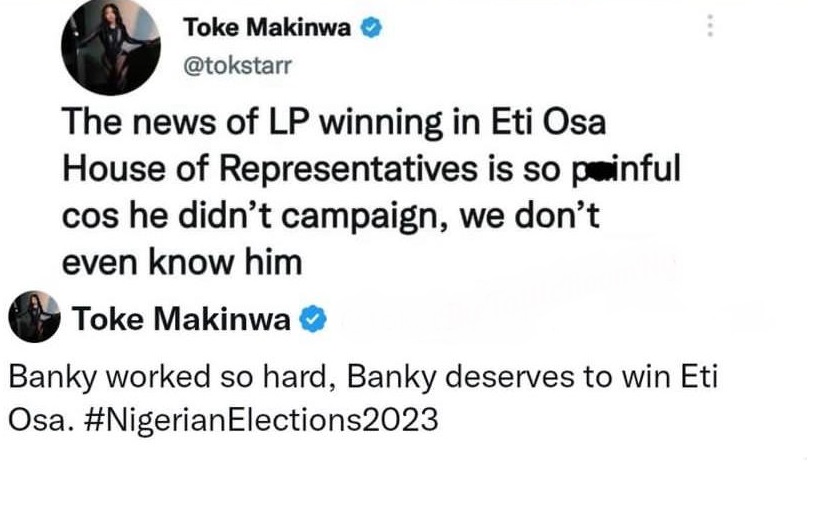 yabaleftonline's tweet photo. “This is so painful. We don’t even know him” – Toke Makinwa laments bitterly over Banky W’s loss to Labour Party candidate https://t.co/7SgY6EP1tl