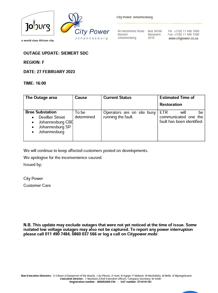 CityPowerJhb's tweet photo. #Siemertupdate #Region F

Team is on site investigating an outage affecting #JohannesburgCBd and surrounds. ^NT https://t.co/W8z0O2XzlE